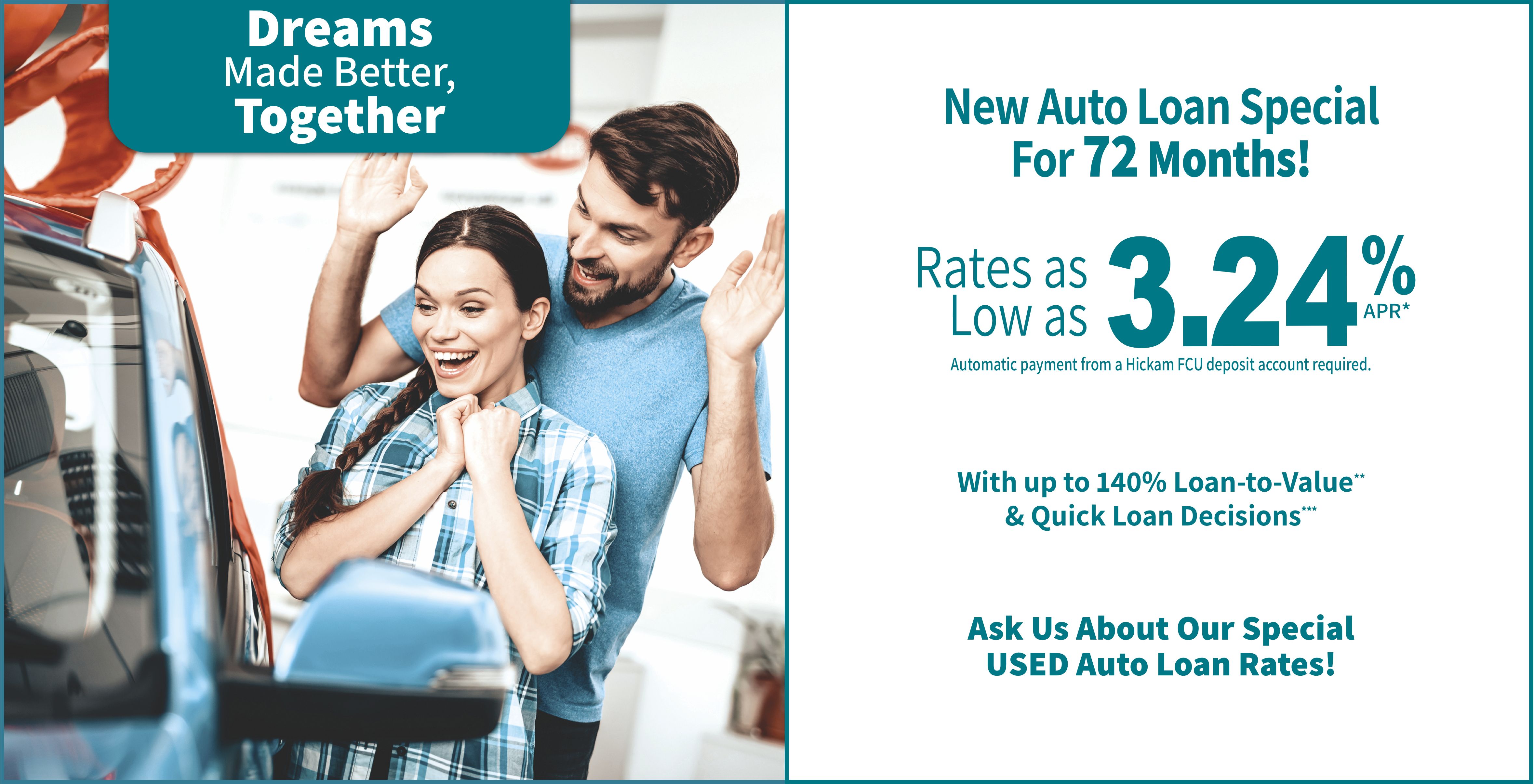 New Auto Loan Special for 72 months!. Rates as low as 3.24% with up to 140% loan-to-value. Ask us about our special new auto loan rates! great low rates quick loan decisions. Easy online applications