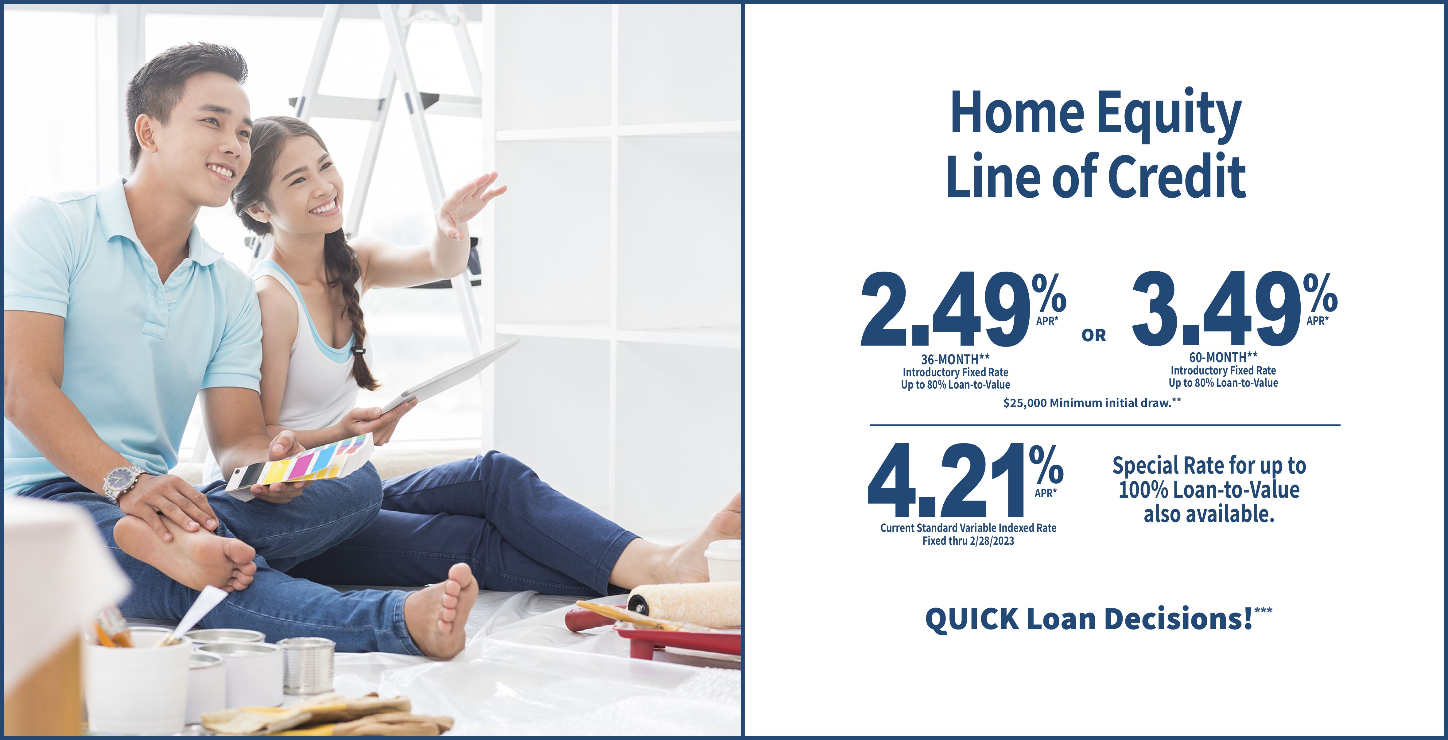 HELOC Special 1.99%APR 36 month. 2.99%APR 60 month. 4.21APR Variable Indexed Rate.