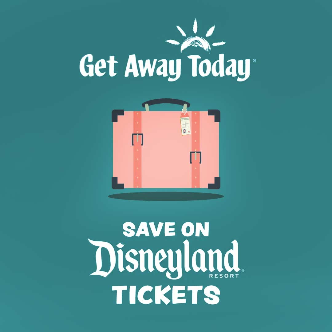 Get Away Today. Save on Disneyland Resort Tickets. Image of pink suitcase against teal background.