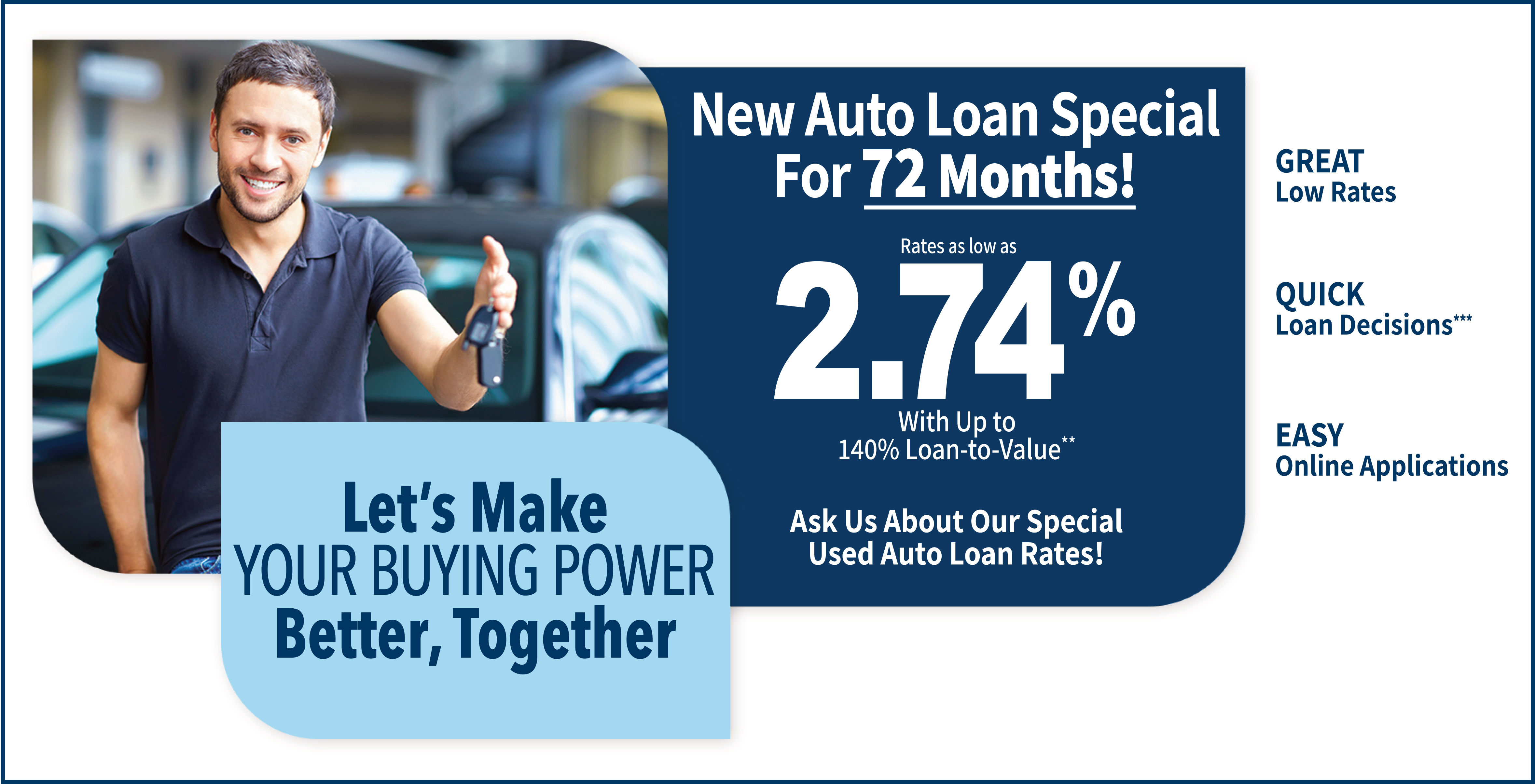 New Auto Loan Special. Rates as low as 2.74% APR for a 72 month term